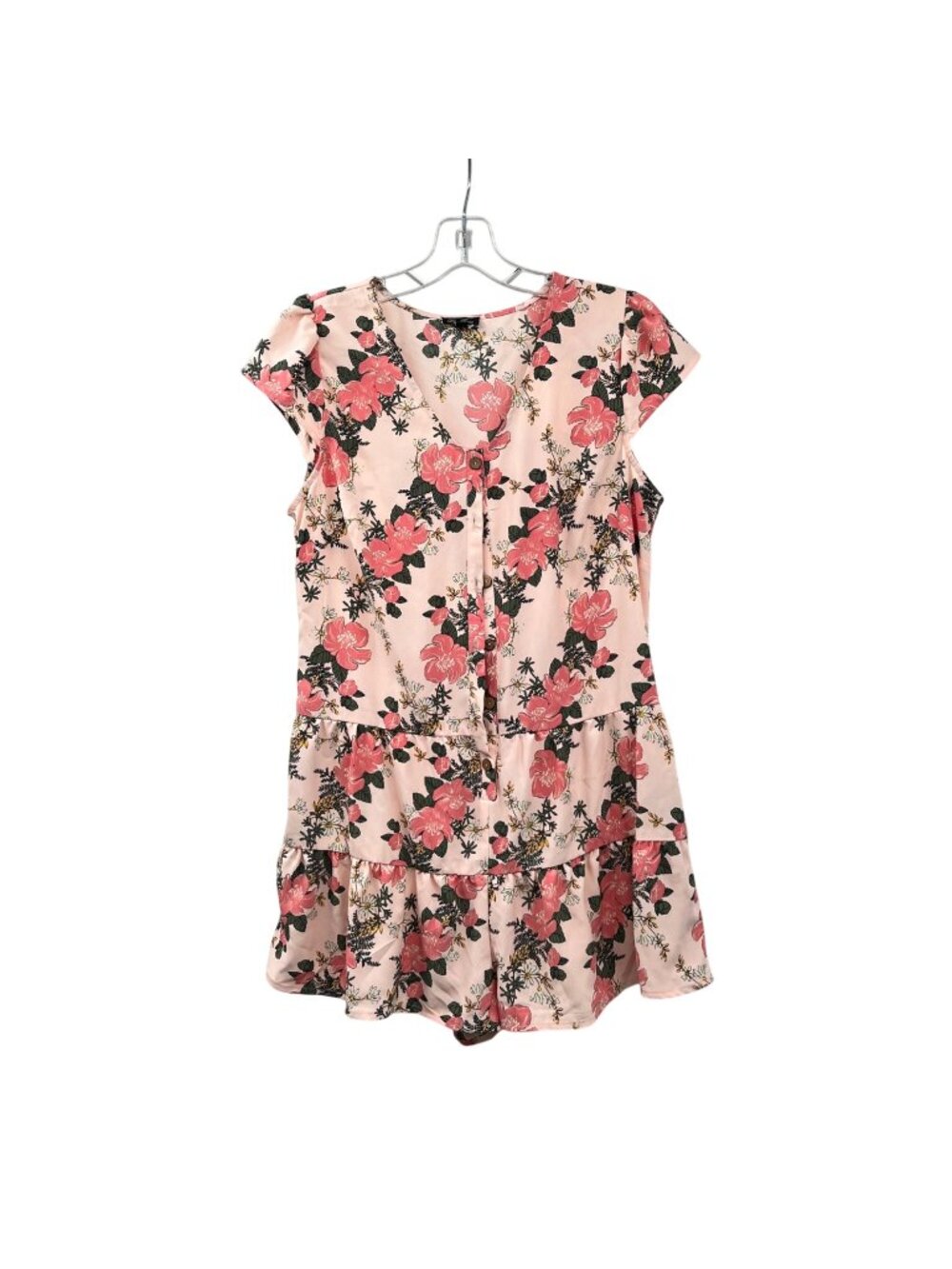 Lily Rose Womens Floral Romper Cap Sleeve Pink/Multi Buttons Size Medium Pockets